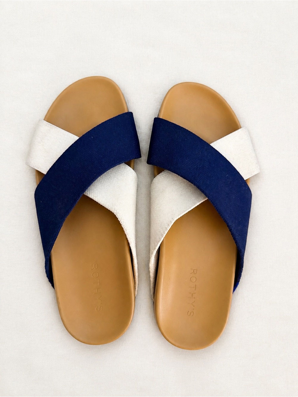 Rothy's Navy and Cream Cross-Band Slide Sandals